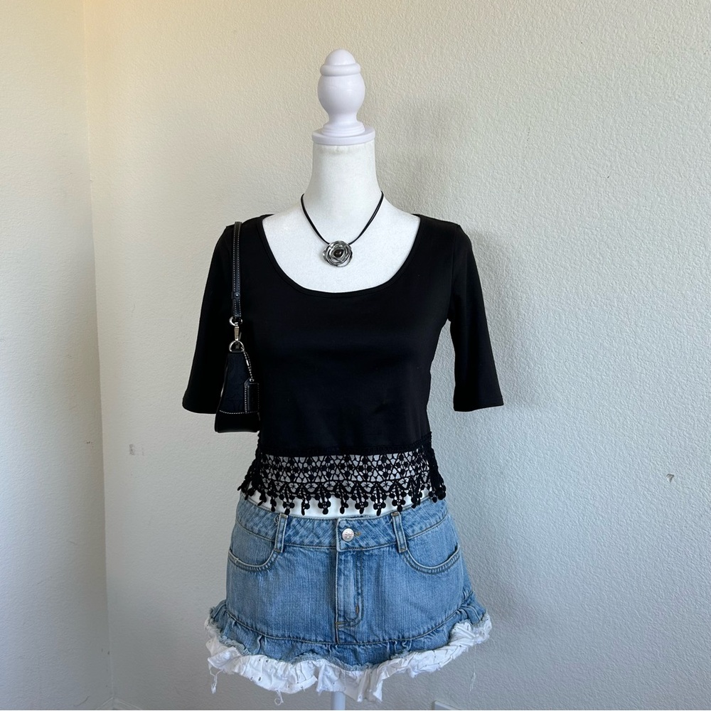 Black Cropped Top with Lace Hem
